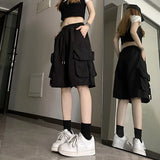 Alternative Black High Waist Cargo Shorts with Wide Leg
