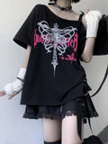 Black Oversized T-Shirt with Butterfly Print in Gothic Style