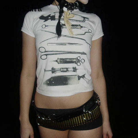 Alternative Gothic T-Shirt with Print Short Sleeve Crop Top with O-Neck