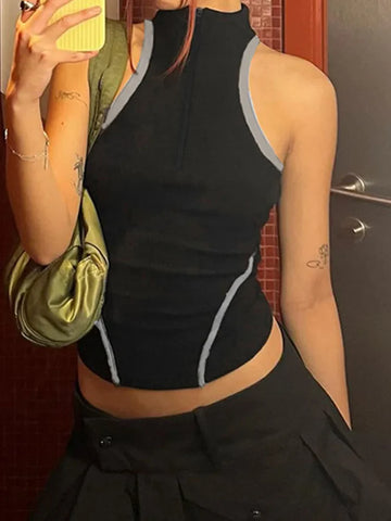 Backless E-girl Crop Top with Zipper and Stand-Up Collar