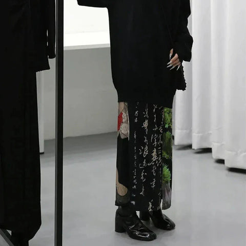 Harajuku Black Print Skirt with Japanese Tie-Dye