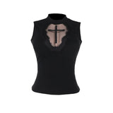 Sexy Gothic Crop Top with Black Cross on Lace