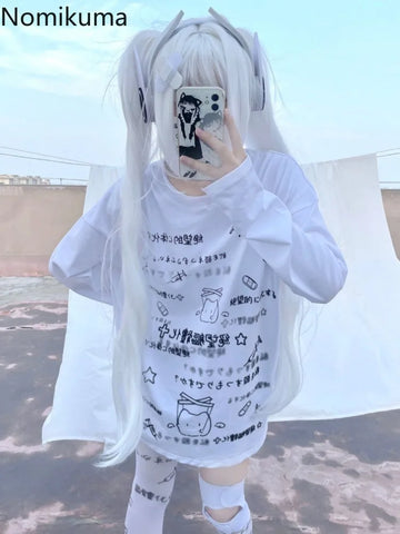 Japanese Style White Long Sleeve Shirt with Cute Prints for Women