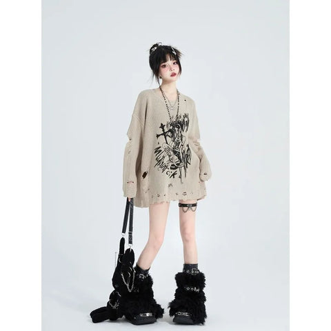 Beige Gothic Sweater with black anime print with cross and girl