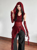 Red Mesh Hoodie with Ruffle Hem for Goth