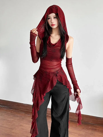 Red Mesh Hoodie with Ruffle Hem for Goth