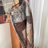 秋のレトロな3Dプリントパッチワークバギージーンズ