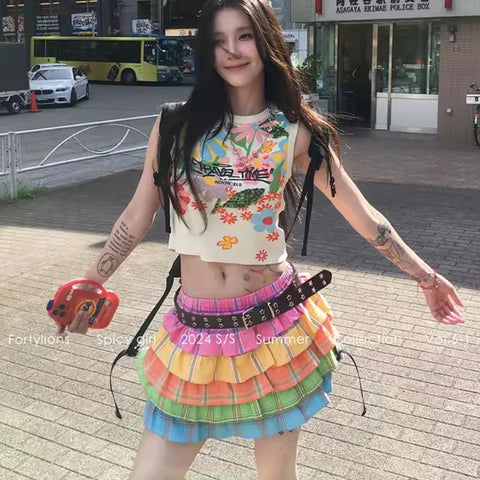 Colorful E-Girl Pleated Skirts in Y2K Style – Cute Rainbow Fashion