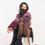 Playful grunge hooded cardigan with Gothic skull motif in lilac