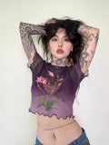 E-girl Crop Top in Lilac with Mesh and Flower Print