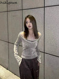 Silver striped short knitted top with long sleeves Korean Casual