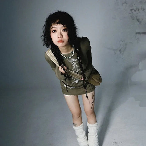 Grunge Green Longsleeve Shirt with Graffiti Print