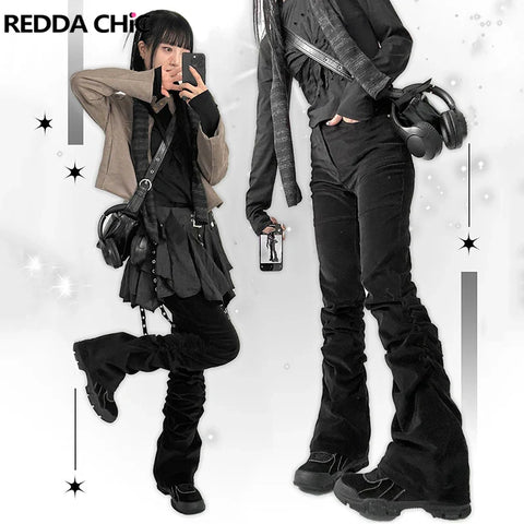 Vintage Black Pleated Trousers – Trendy Y2K Style Bootcut Jeans