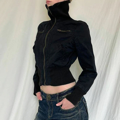 Black Gothic Zip-Up Jacket for Autumn/Winter Cropped Turtleneck