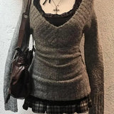 V-cut Knit Top for Women in Grunge Style Slim Fit