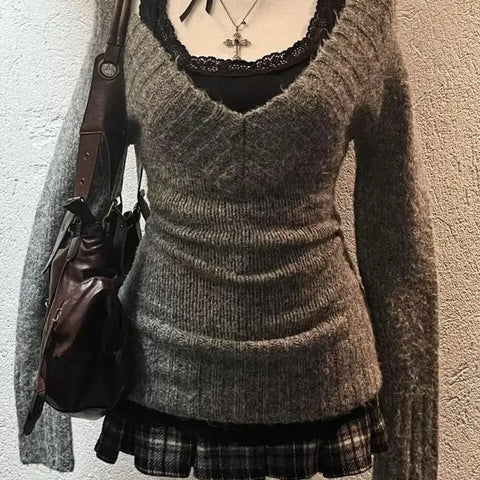 V-cut Knit Top for Women in Grunge Style Slim Fit