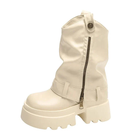 Y3K Chunky Heeled Boots for Women Mid-Calf Leather Boots with Zipper