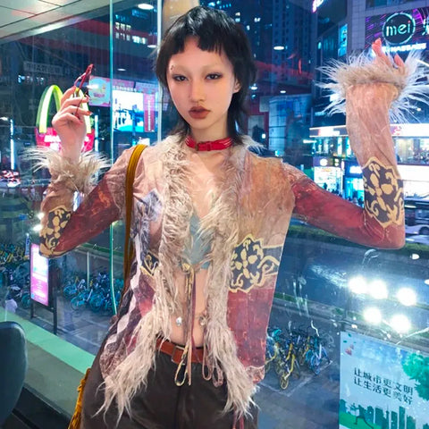 Alternative Grunge-Style Feather Shirt & Mesh Tops