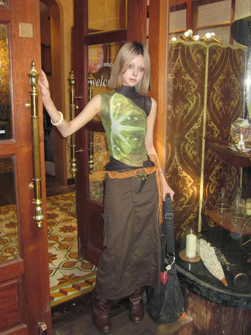 Transparent Mesh Top in Grunge Style with Patchwork Design