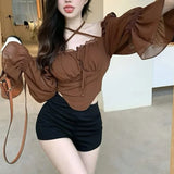 Fairy-grunge Style Blouse with Puff Sleeves and Cross Straps