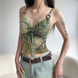 Y2K Graphic Print Camisole with Ring Detail Green V-Neck