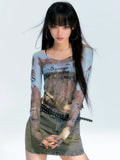 E-Girl Streetwear Transparent Mesh Top with Print and Long Sleeves