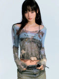 E-Girl Streetwear Transparent Mesh Top with Print and Long Sleeves
