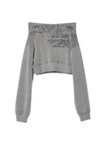 Gray Off-Shoulder Hoodie for Women Grunge with Cool Letter Print