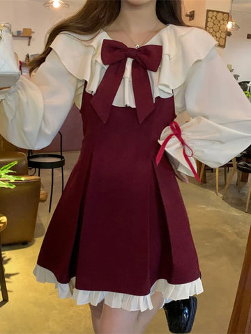 Alternative Gothic-Lolita dress with ruffles and bows in burgundy