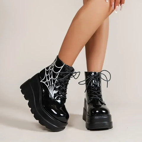 Gothic Spider Print Ankle Boots with High Heels