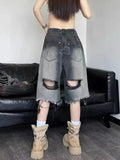 Y2K Denim Shorts for Women Gradient Jeans with Frayed Edges