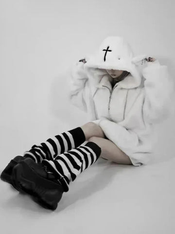 Oversized Fleece Hoodie with Bear Ears and Cross