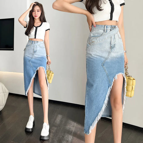 High-waisted asymmetrical denim skirt in gradient design