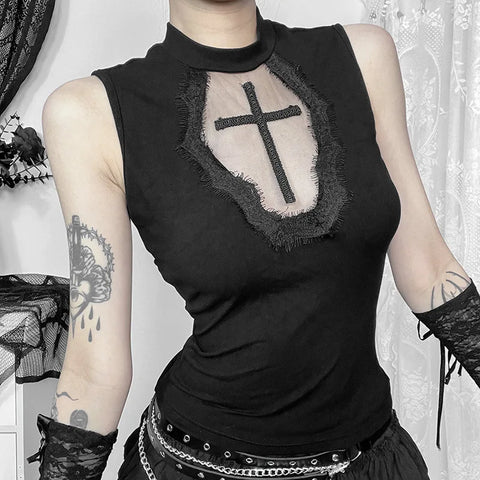 Sexy Gothic Crop Top with Black Cross on Lace