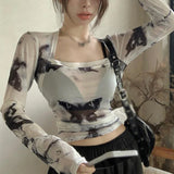 Fairy-Grunge Long Sleeve Shirt with Butterfly Print and Sun Protection