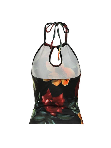 Floral Halterneck Top in Soft-Girl Style with Back Tie