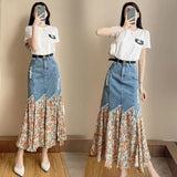 Soft-Girl Patchwork Maxi Jeans Skirt with Zipper