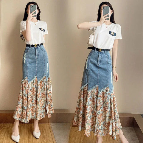 Soft-Girl Patchwork Maxi Jeans Skirt with Zipper