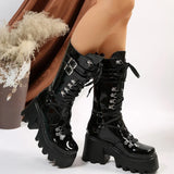 Gothic Motorcycle Boots for Women High-Quality Platform Boots with Lacing and Buckles in Black