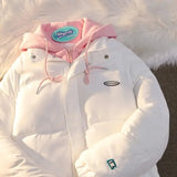 White Cotton Padded Jacket with Pink Hood