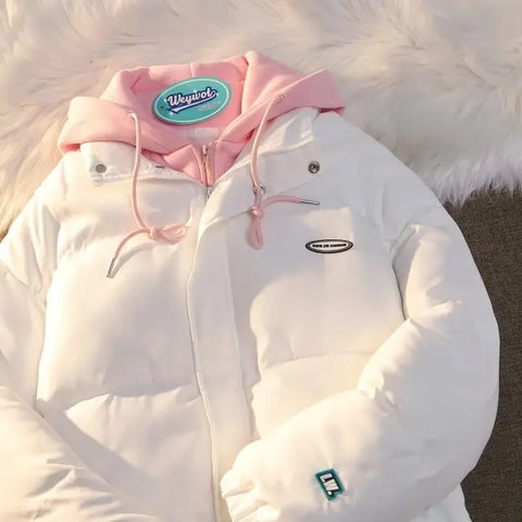 White Cotton Padded Jacket with Pink Hood