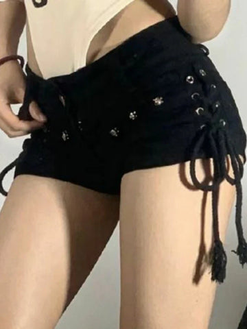 Seductive Lace-Up Shorts in Black Denim Look for E-Girl