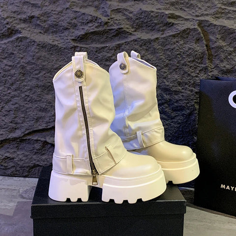 Y3K Chunky Heeled Boots for Women Mid-Calf Leather Boots with Zipper