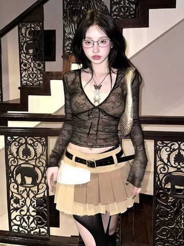 Vintage V-Neck Mesh Top with Lace and Bow in Y2K Style