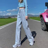 Ladies' Indie Style High Waist Straight Cut Jeans in Blue