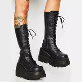 Gothic Mid-Calf Platform Boots with Lacing Chunky Heel