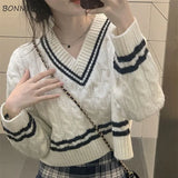 V-Cut Cropped Sweater for Women Knitted Style in Japanese