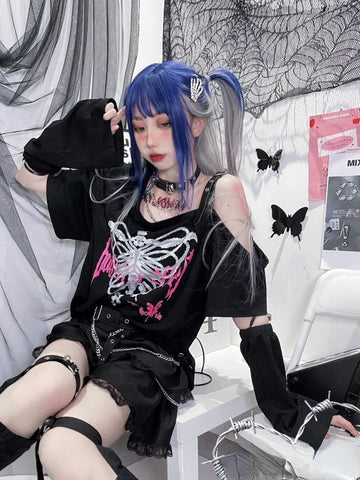 Black Oversized T-Shirt with Butterfly Print in Gothic Style