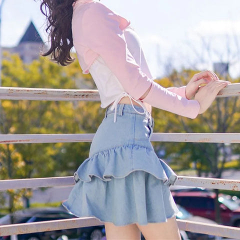 Y2K Denim Skirt with Ruffles for Women – Cute Lolita Kawaii Style