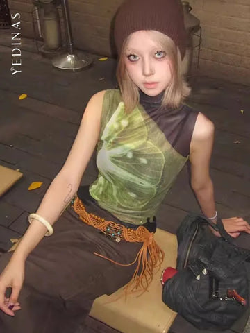 Transparent Mesh Top in Grunge Style with Patchwork Design